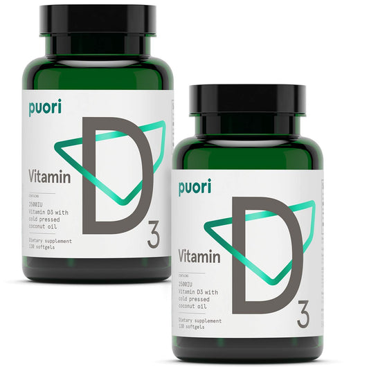 Puori Vitamin D3 Softgels bottle supports daily bone health and immune vitality.