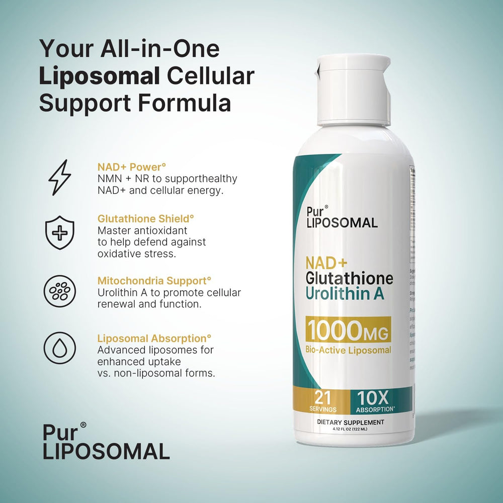 Pur LIPOSOMAL NAD+ Glutathione Urolithin A label highlights 1000mg stack