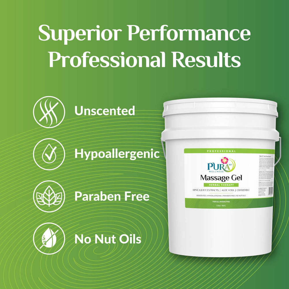 Arnica and olive oil ingredients enhance PURA 1st gel for targeted massage.
