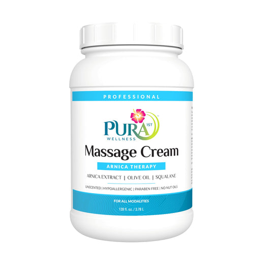 PURA 1st Arnica Therapy 1gal bottle for professional deep-tissue massages.