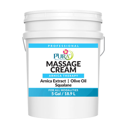 PURA 1st Arnica Therapy Cream jar ready for professional massage sessions.