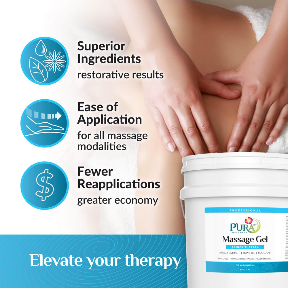 Therapist applies PURA 1st Arnica Therapy gel during a deep tissue massage.