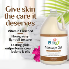 PURA 1st Coconut Therapy pump-action bottle demonstrating a non-greasy, easy-clean massage gel