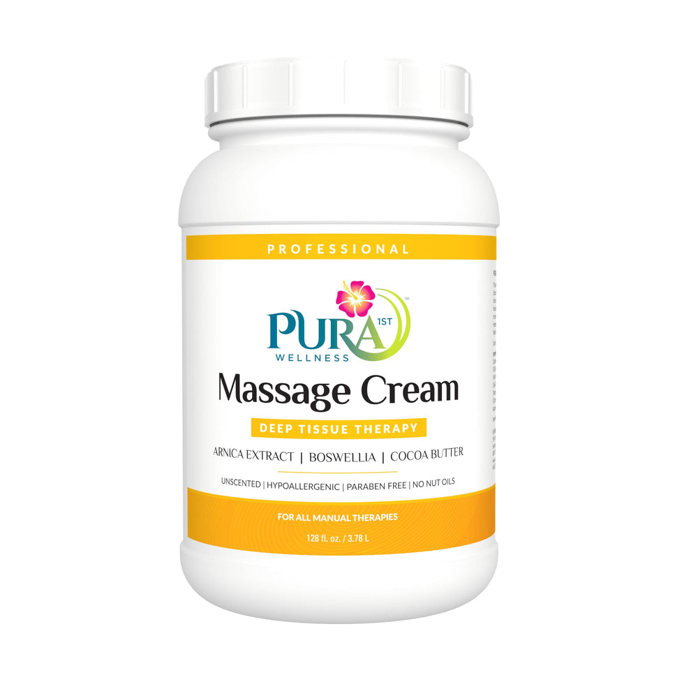 PURA 1st Deep Tissue Therapy gallon cream pump for professional massages, supporting deep work and skin hydration.