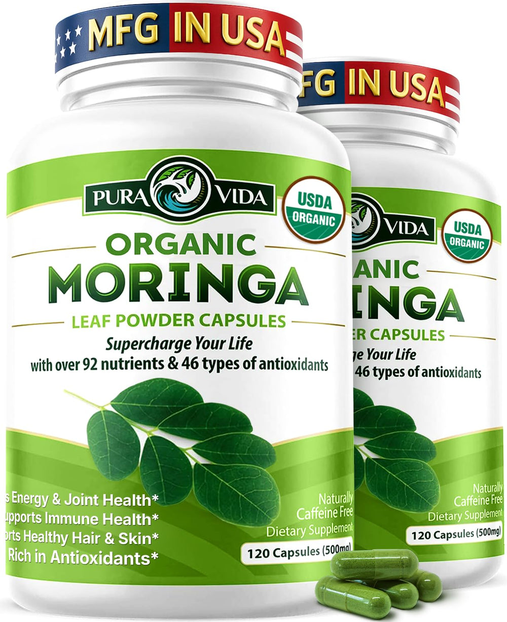 Pura Vida Moringa bottle-front showing capsules for daily energy support