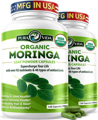 Pura Vida Moringa bottle-front showing capsules for daily energy support