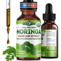 Pura Vida Moringa leaf extract liquid bottle for convenient daily use