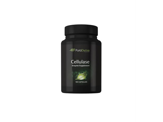 PuraDyme Cellulase supplement bottle highlighting digestive support and nutrient absorption.