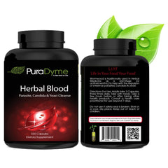 PuraDyme Herbal Blood bottle pouring capsules into water.