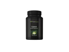 PuraDyme Lipase enzyme bottle label for 180 capsules, suggesting digestive support.