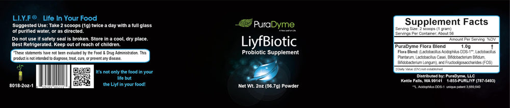 PuraDyme LiyfBiotic packaging label highlights probiotic blend for mouth and digestive support.