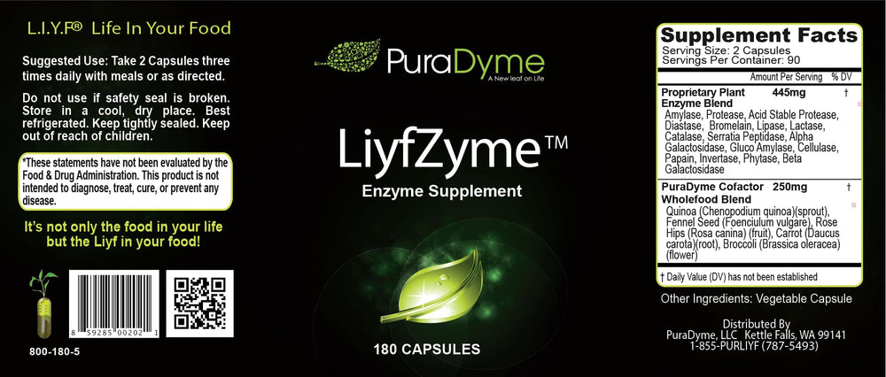 PuraDyme LiyfZyme capsules close-up with 180 veggie caps for digestion support