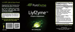 PuraDyme LiyfZyme capsules close-up with 180 veggie caps for digestion support