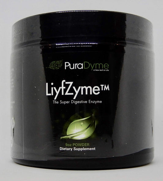 Puradyme LIYFZYME powder bottle showing plant-based enzyme blend for daily digestive support
