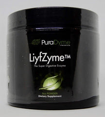 Puradyme LIYFZYME powder bottle showing plant-based enzyme blend for daily digestive support