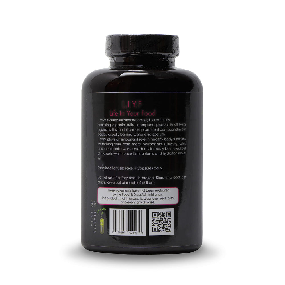 PuraDyme MSM label close-up, shows whole food cofactors for better absorption.