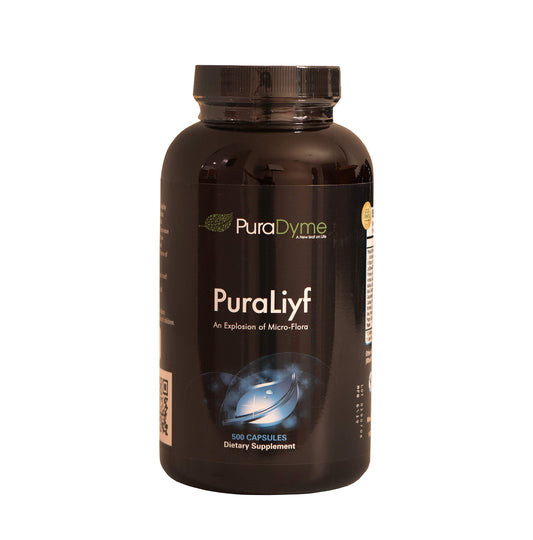 Puradyme PuraLiyf bottle label highlights a probiotic blend for daily gut support.