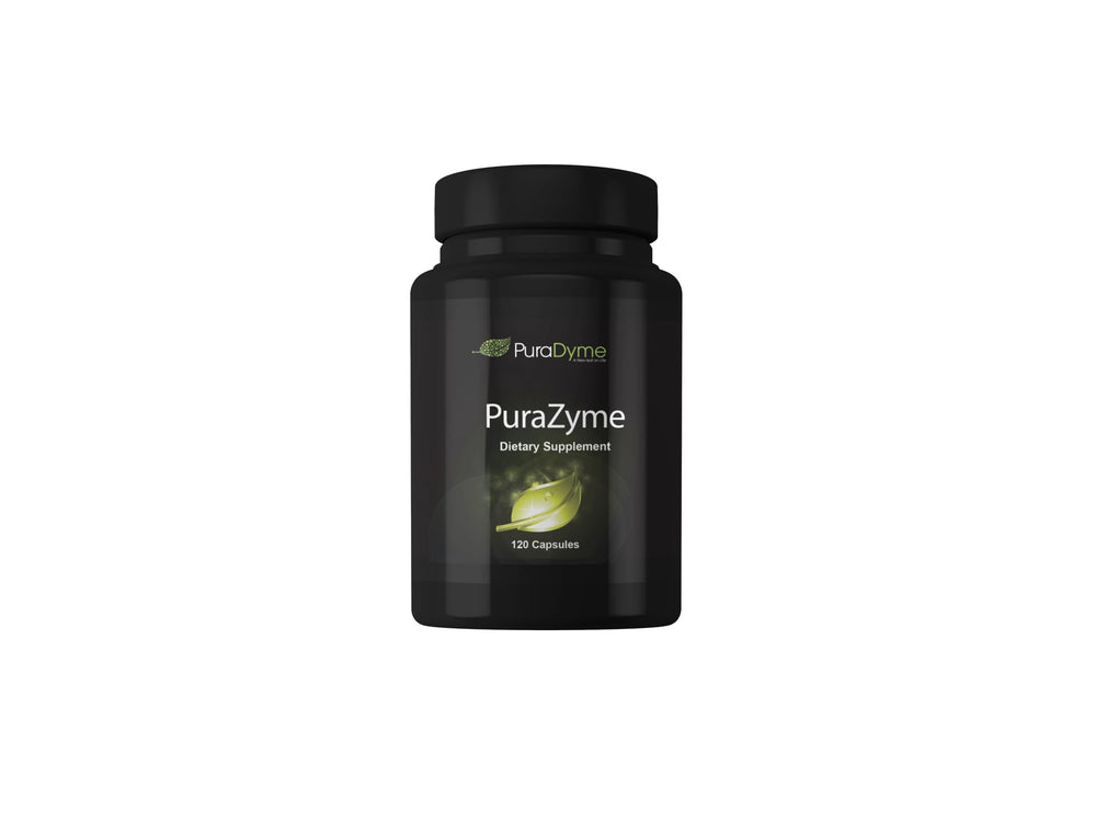 PuraDyme PuraZyme bottle shown for daily digestion support.