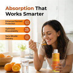 Purality Health bottle beside glass of juice in kitchen