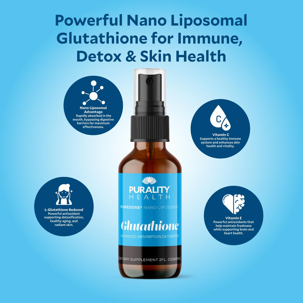 Pouring PURALITY HEALTH liposomal nano glutathione into a glass for easy daily use.