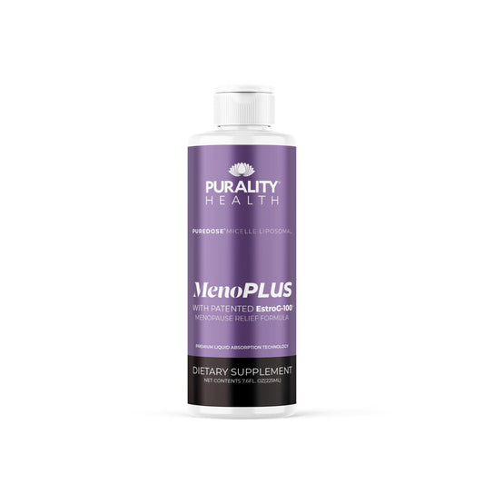 PURALITY HEALTH MenoPLUS liposomal bottle pour supports daily energy during menopause.