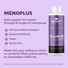 PURALITY HEALTH MenoPLUS glass with juice ready for daily routine.