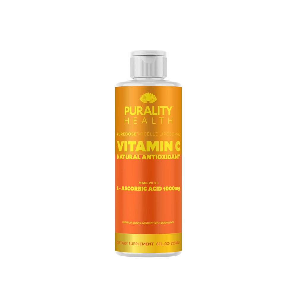 Purality Health Vitamin C bottle highlighting 1000mg liposomal formula for absorption