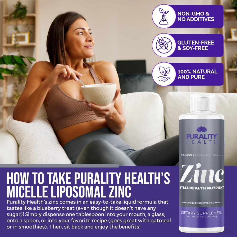 PURALITY HEALTH Liposomal Zinc bottle label emphasizes 15 mg per serving.