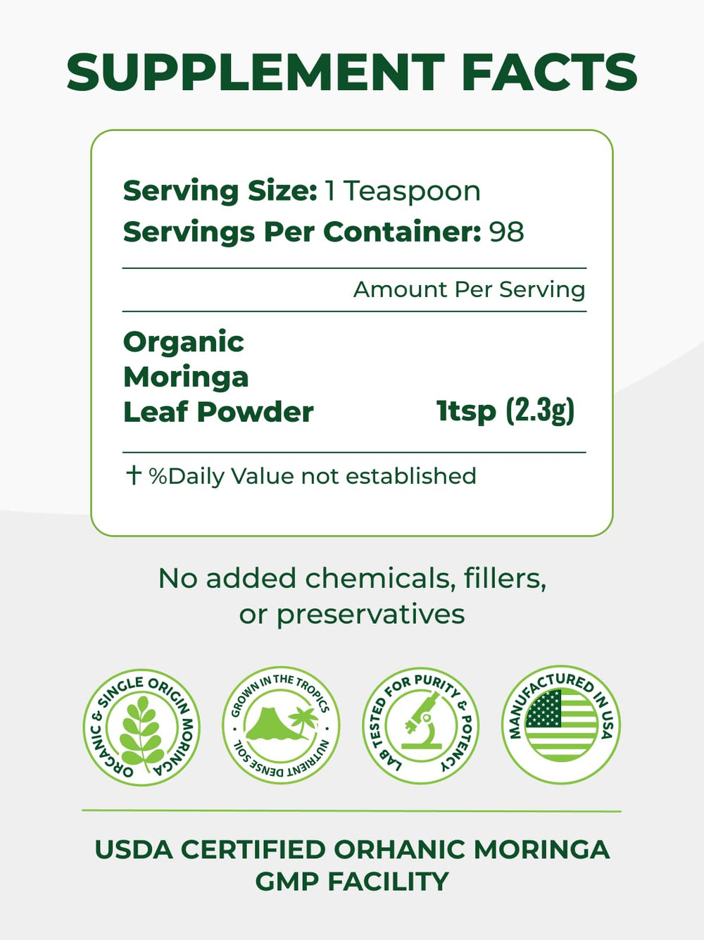 PURA VIDA MORINGA powder close-up reveals vibrant green color