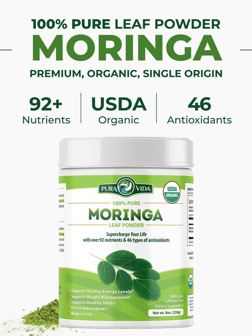 PURA VIDA MORINGA opened bag ready for baking and beverages
