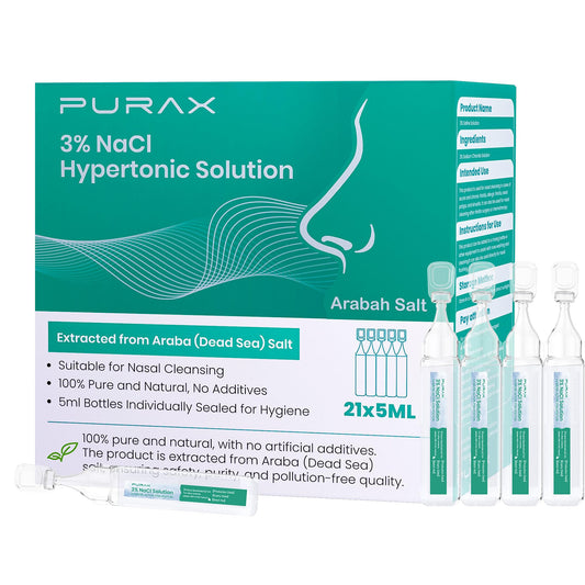 PURAX 3% saline ampoules box ready for quick nasal cleansing on the go.