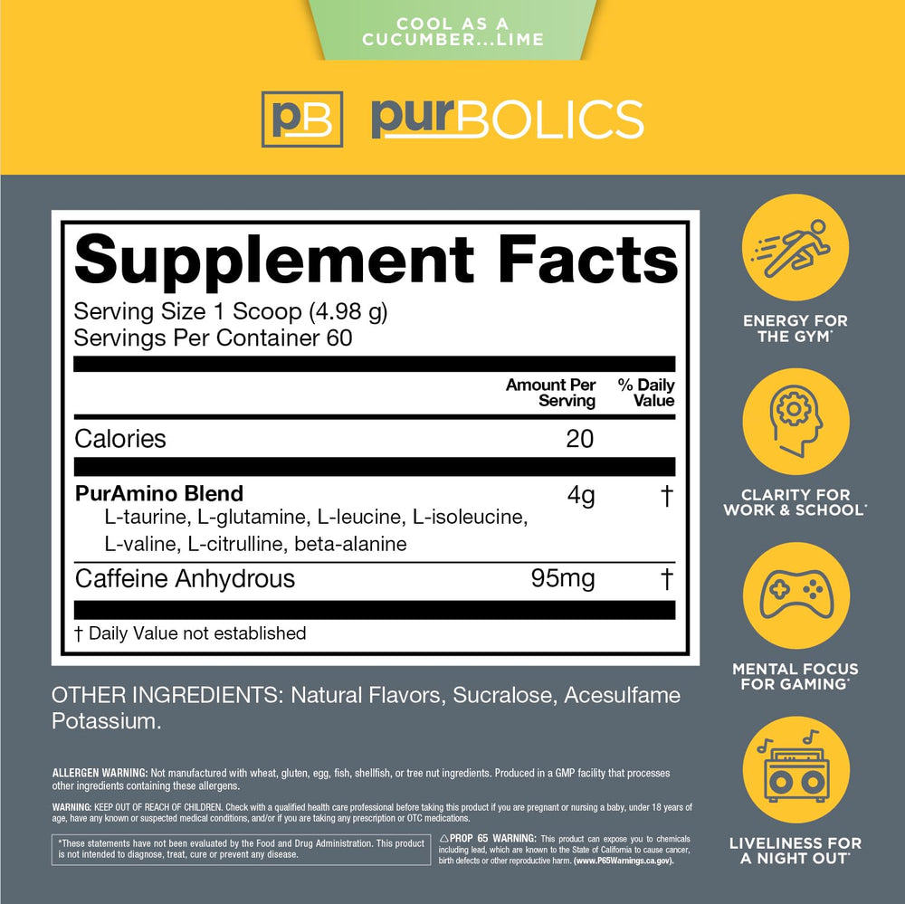 Purbolics Aminos + Energy powder scoop for quick, easy mixing