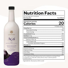 PURE Acai juice ingredients label close-up highlighting vegan, gluten-free nutrients