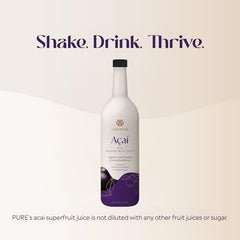 PURE Acai juice bottle on kitchen counter with Kosher and gluten-free icons