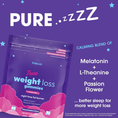 Pure AF Nutra Night Time Fat Burner Gummies label detail shows gluten-free and Non-GMO claims