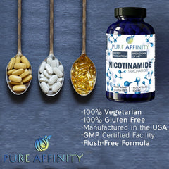 Pure Affinity B3 Nicotinamide bottle with glass suggesting routine use