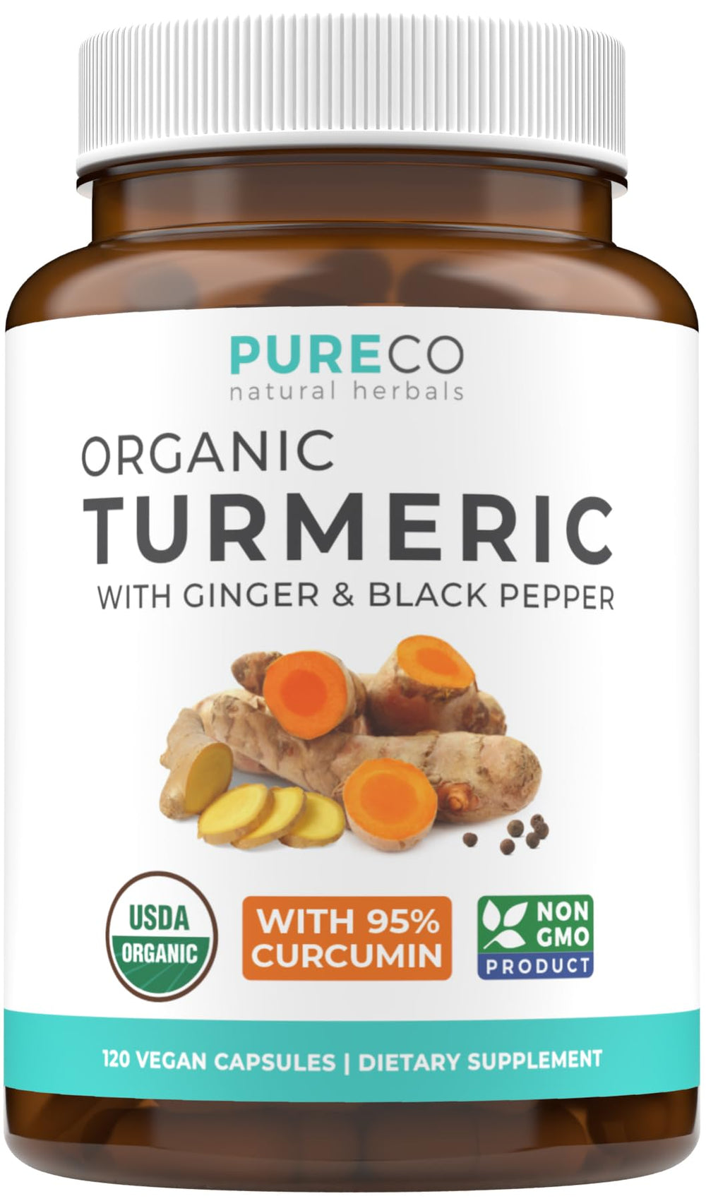 Pure Co turmeric-ginger-black-pepper capsules for daily wellness and easy absorption.