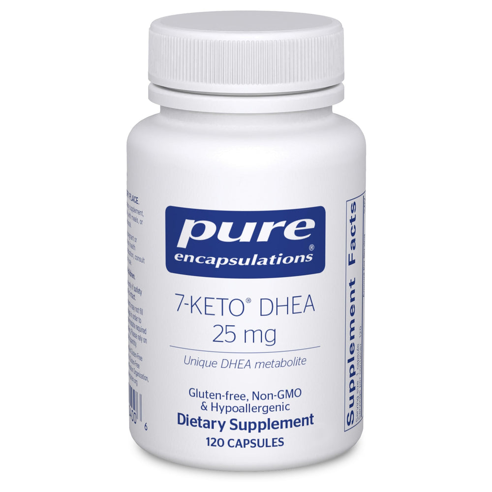 Pure Encapsulations 7-Keto DHEA bottle on a clean shelf for daily metabolic support.