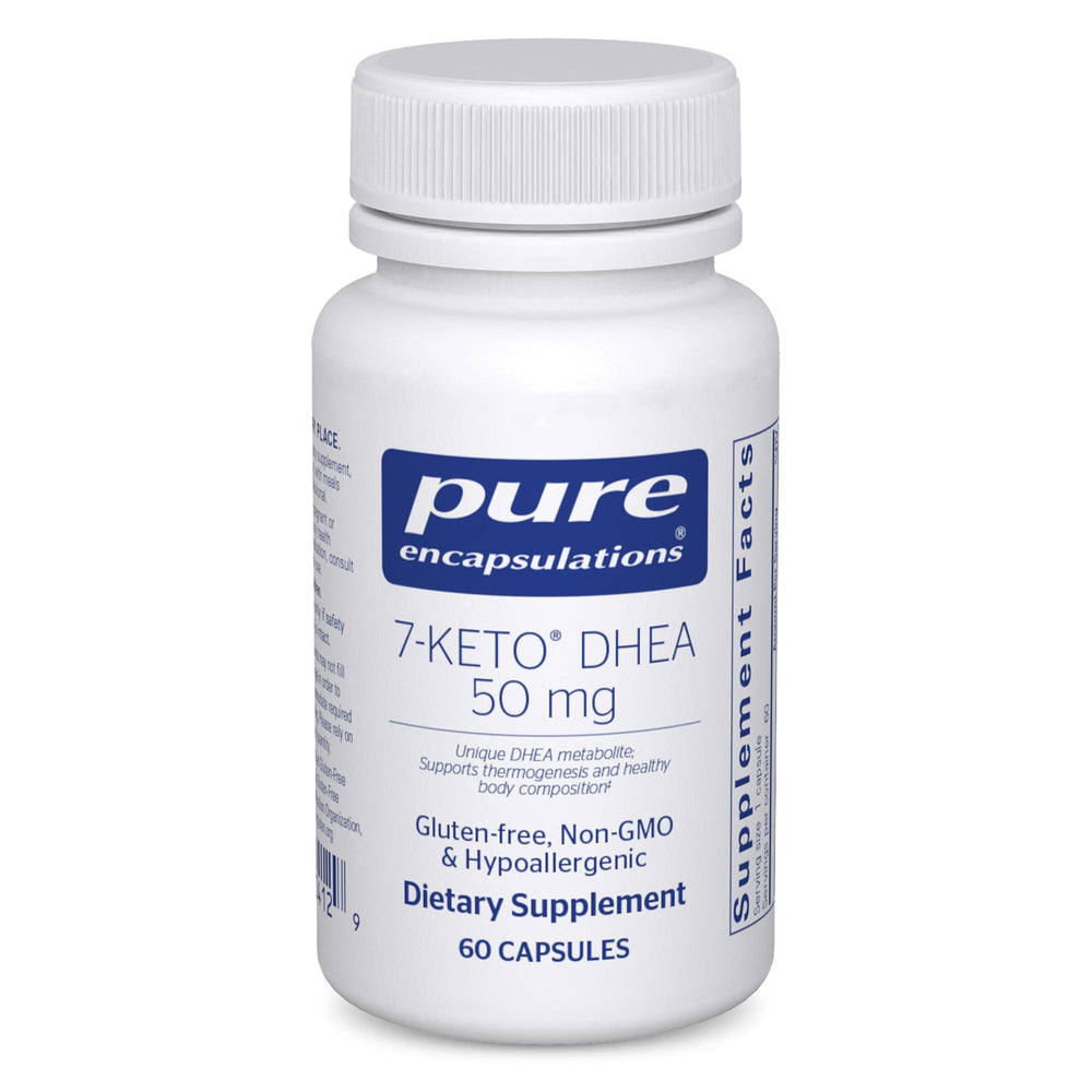 Pure Encapsulations 7-Keto DHEA bottle with clear label for easy daily use.