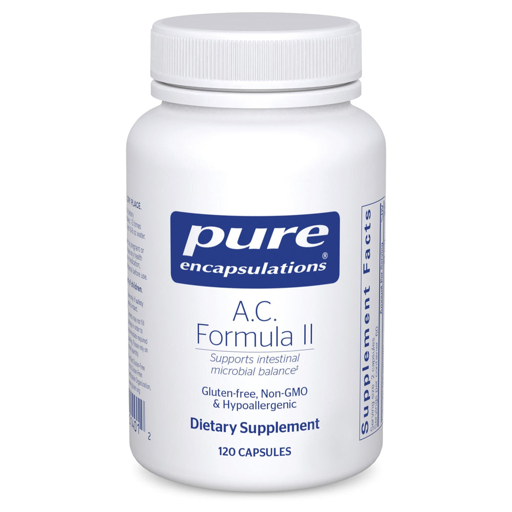 Pure Encapsulations A.C. Formula II bottle with capsules supports digestive balance for sensitive individuals.