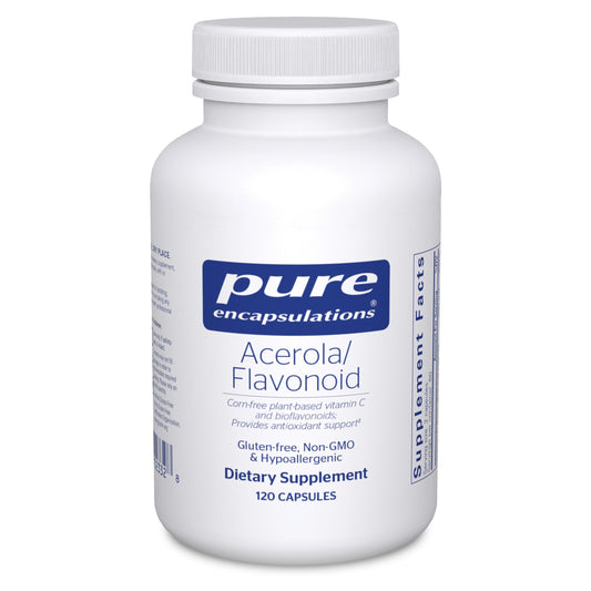 Pure Encapsulations Acerola/Flavonoid bottle featuring corn-free vitamin C and bioflavonoids.