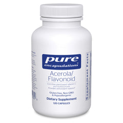 Pure Encapsulations Acerola/Flavonoid bottle featuring corn-free vitamin C and bioflavonoids.