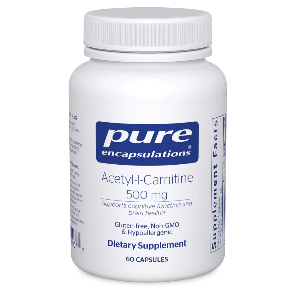 Pure Encapsulations Acetyl-L-Carnitine 500mg bottle shown for easy daily brain support.