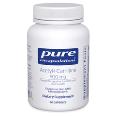 Pure Encapsulations Acetyl-L-Carnitine 500mg bottle shown for easy daily brain support.