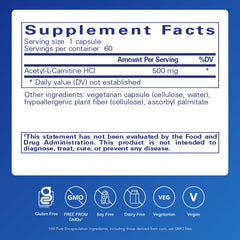 Close-up of Acetyl-L-Carnitine capsules highlighting vegan, gluten-free formula.