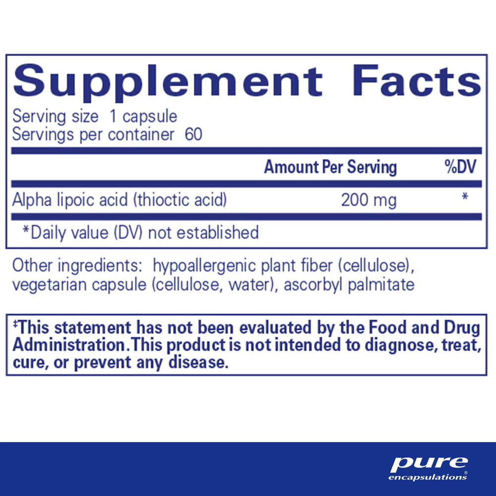 Pure Encapsulations Alpha Lipoic Acid 200 mg capsule close-up highlighting antioxidant support.