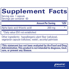 Pure Encapsulations Alpha Lipoic Acid 200 mg capsule close-up highlighting antioxidant support.