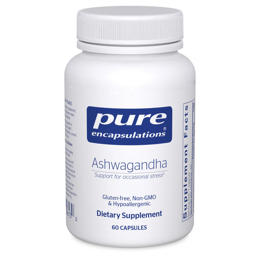 Pure Encapsulations Ashwagandha 500mg capsules on bottle for stress support