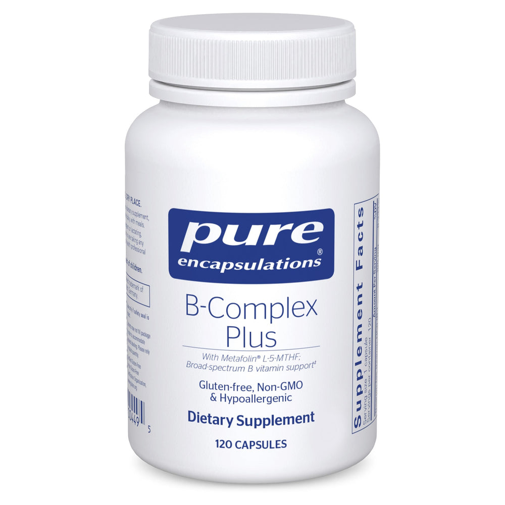 Pure Encapsulations B-Complex Plus bottle front showing label and brand name for nervous system support.