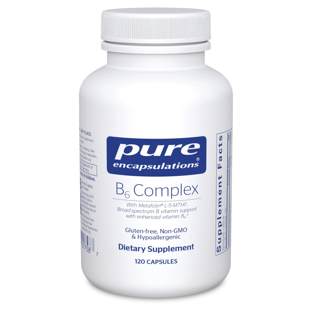 Pure Encapsulations B6 Complex bottle, high-potency B vitamins for daily nervous system nutrition.